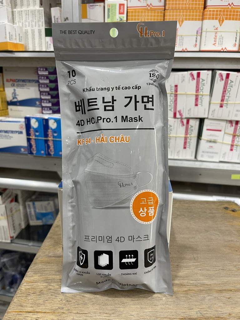 Khẩu trang KF94 4D HC.Pro.1 Mask - 4 lớp xám Hải Châu (Túi/10 cái) Date 12/2025 