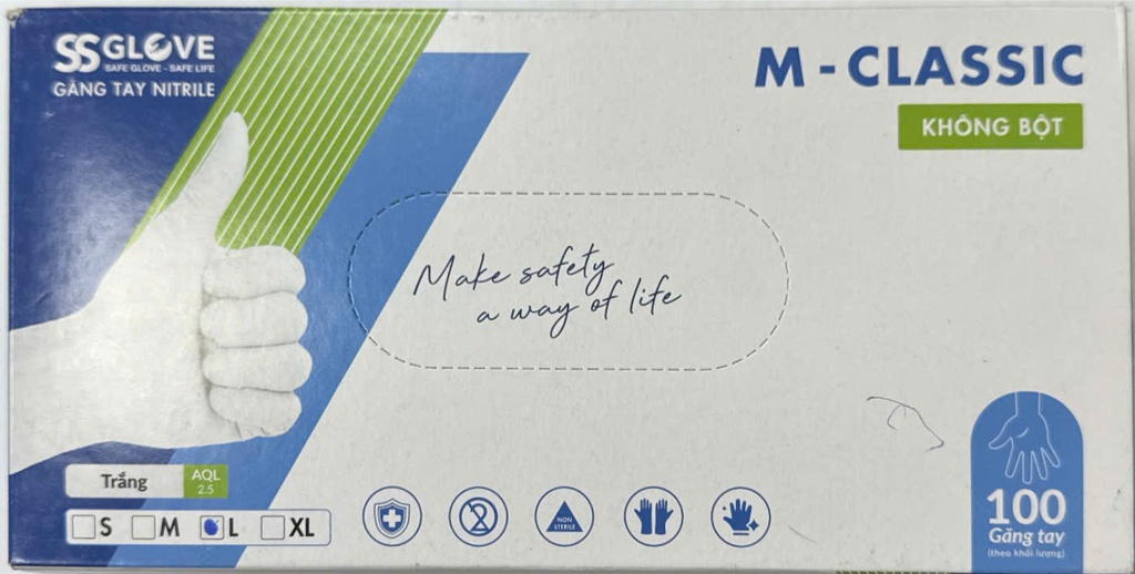 Găng tay cao su y tế M Classic size L không bột SSGlove (H/100c)