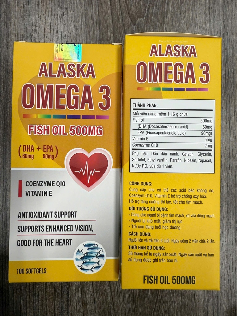 Alaska Omega 3 Fish oil 500mg Akopha (Lọ/100v)( vàng)