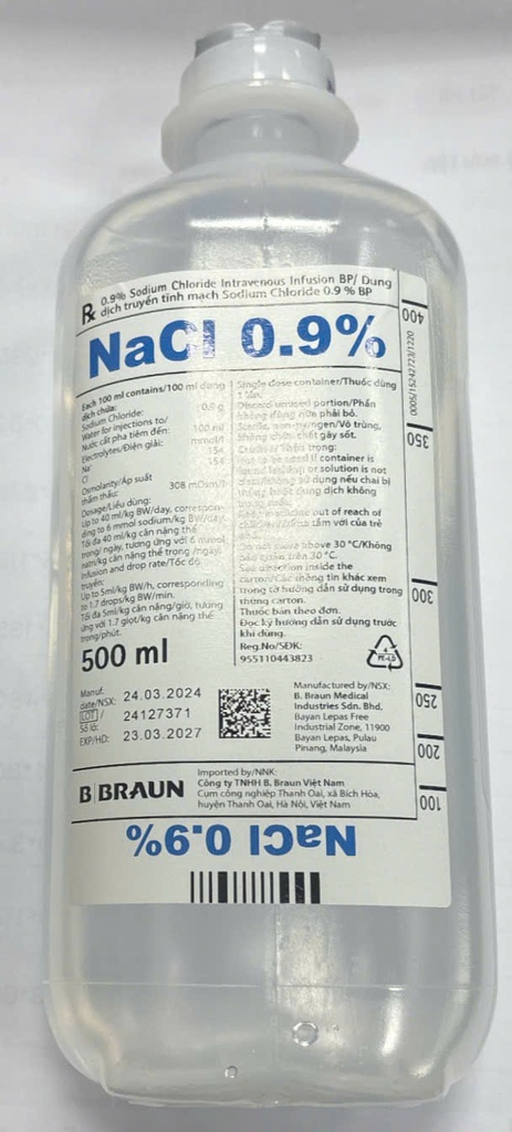 Natri Clorid 0.9% Dịch Truyền Braun (C/500ml)