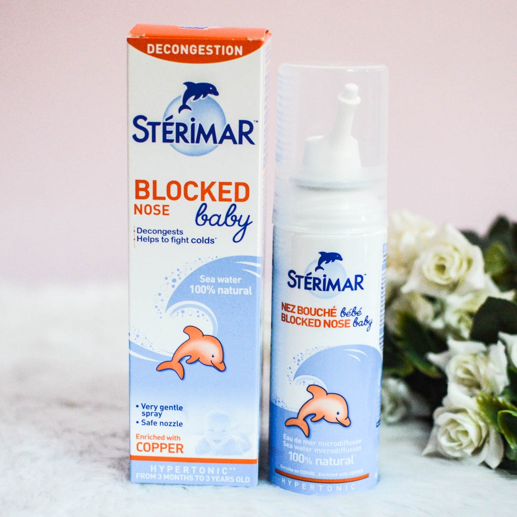 Sterimar Blocked Nose Baby Xịt Muối Biển TE Cá Heo Cam Fumoze (Lọ/50ml) Date 02/2027