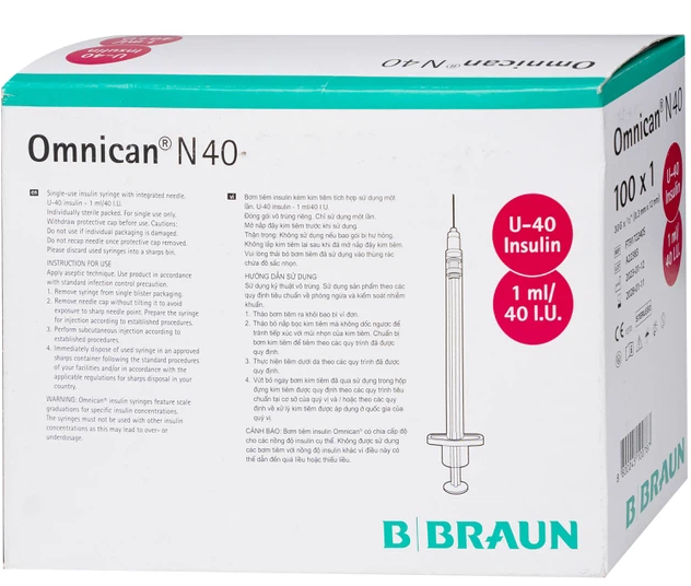 [T00506] Bơm tiểu đường Omnican N40 nắp đỏ 1ml/40UI Insulin Braun (H/100cái)